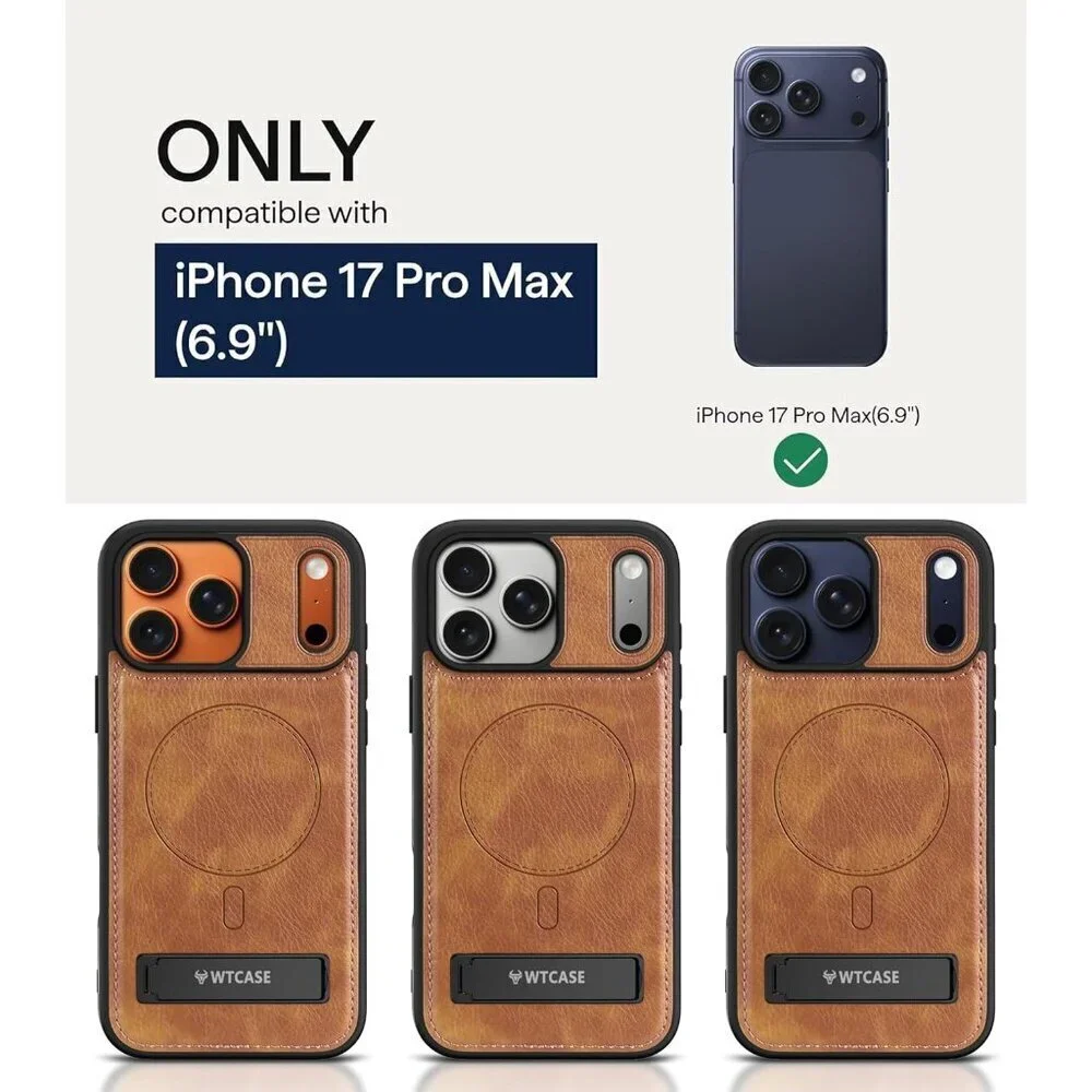 Brown Iphone 17 Pro Max Invisible Stand Protective Slim Kickstand Leather Case